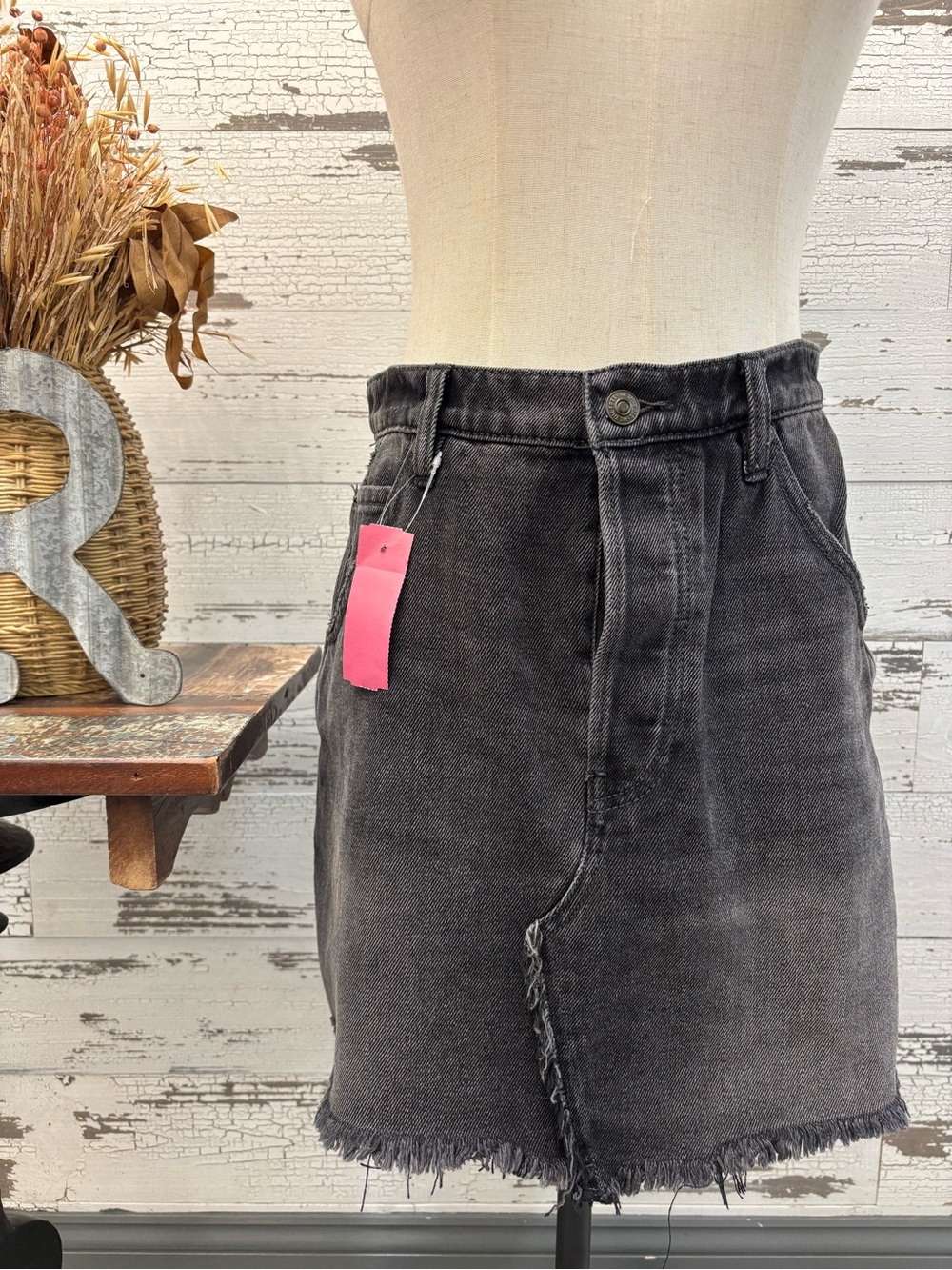 Free People Black Washed Denim Mini Skirt with Raw Hem